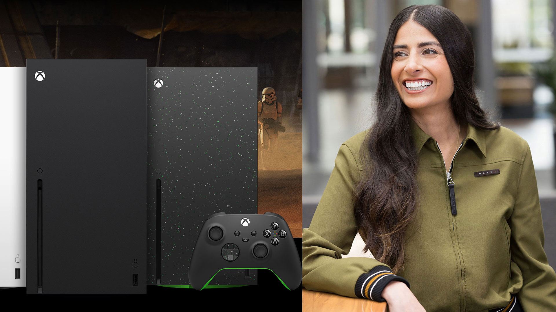 Xbox-Sharma Side-by-side of an Xbox and CEO Asha Sharma