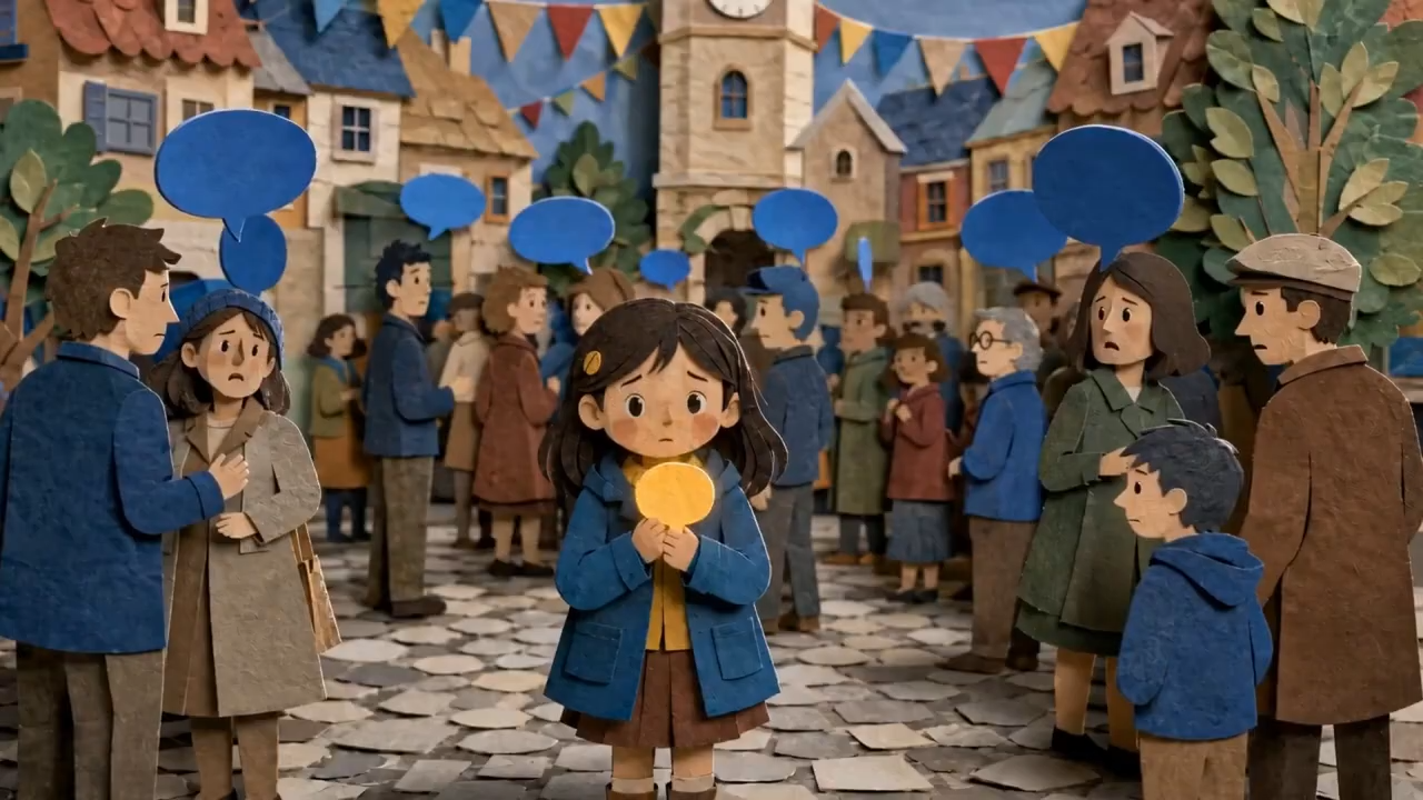 Cartoon villagers look in shock at a shy and lonely girl