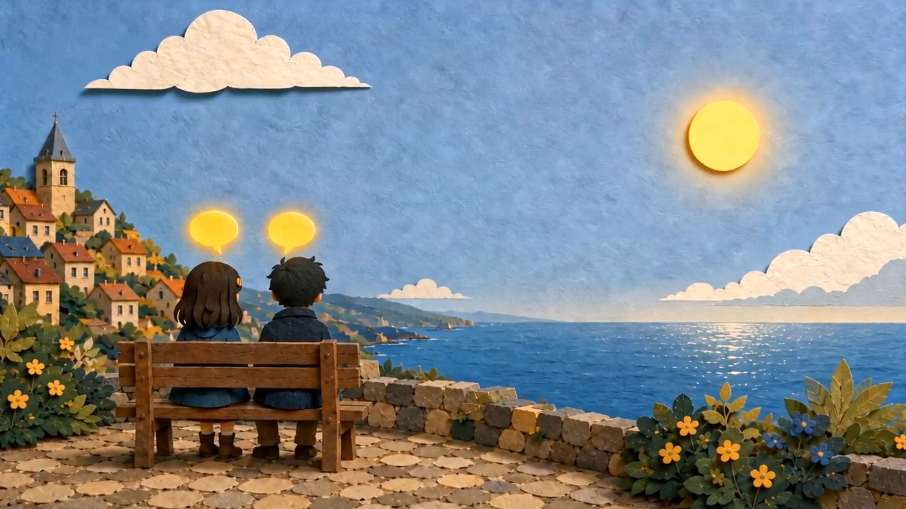Two cartoon children sit on a bench looking out at the sea
