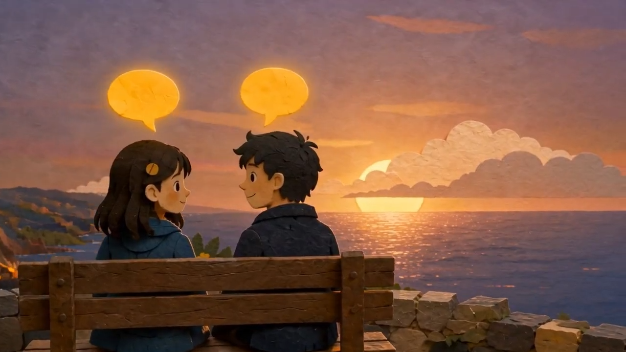 A cartoon girl and boy and look at each other as the sun sets