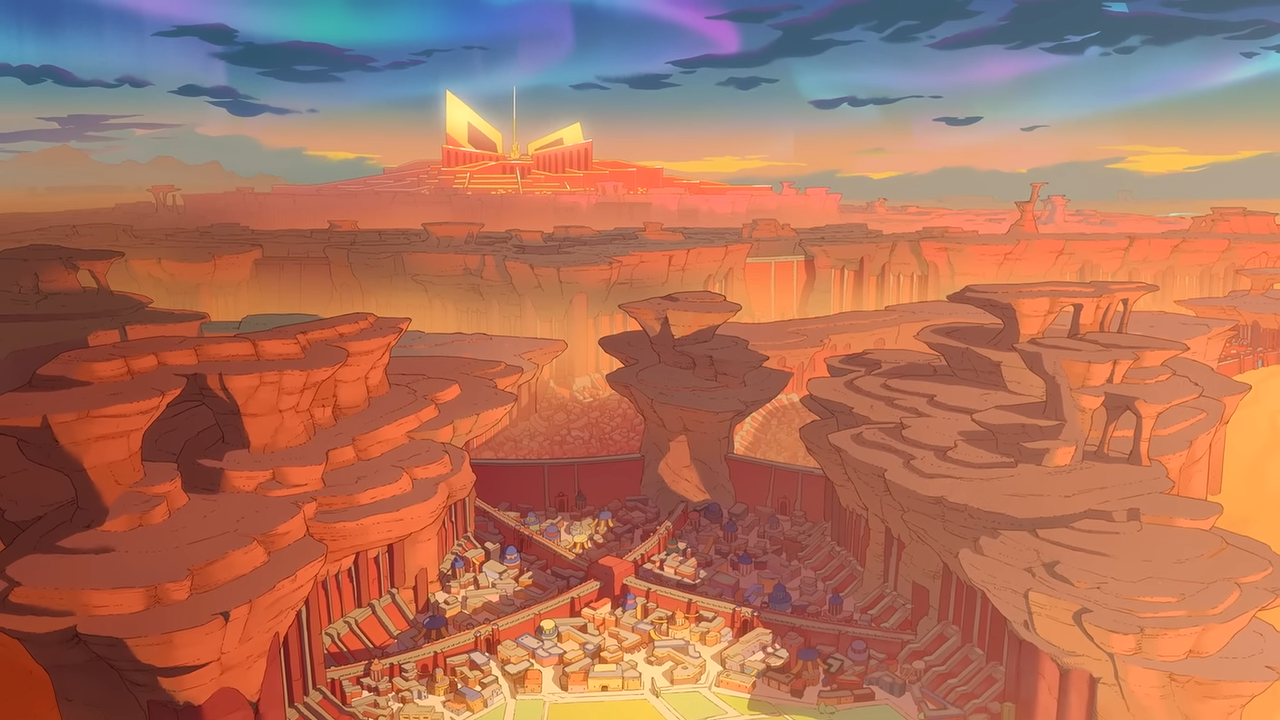 Cartoon desert landscape showing small cities