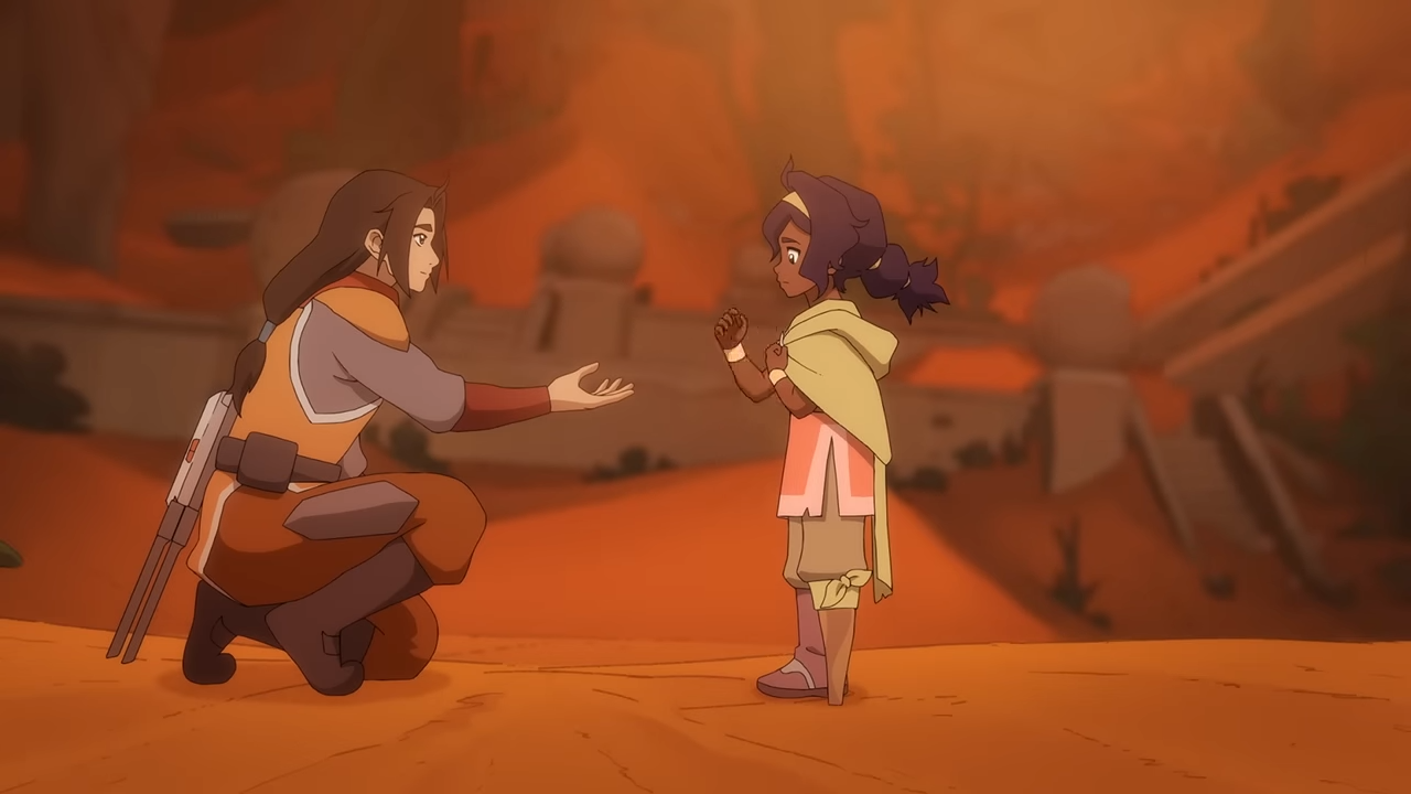 A cartoon man kneels, extending his hand to a reluctant girl