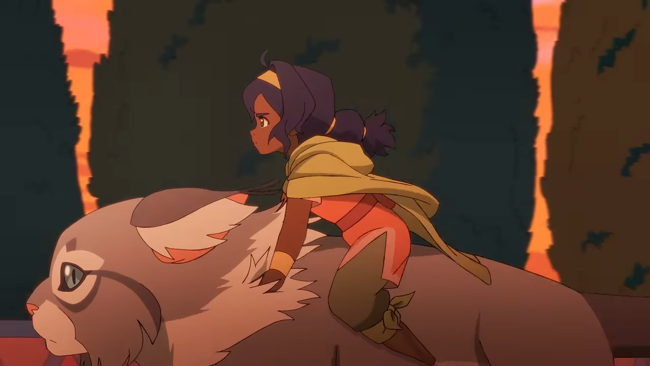 A small cartoon girl riding a cat