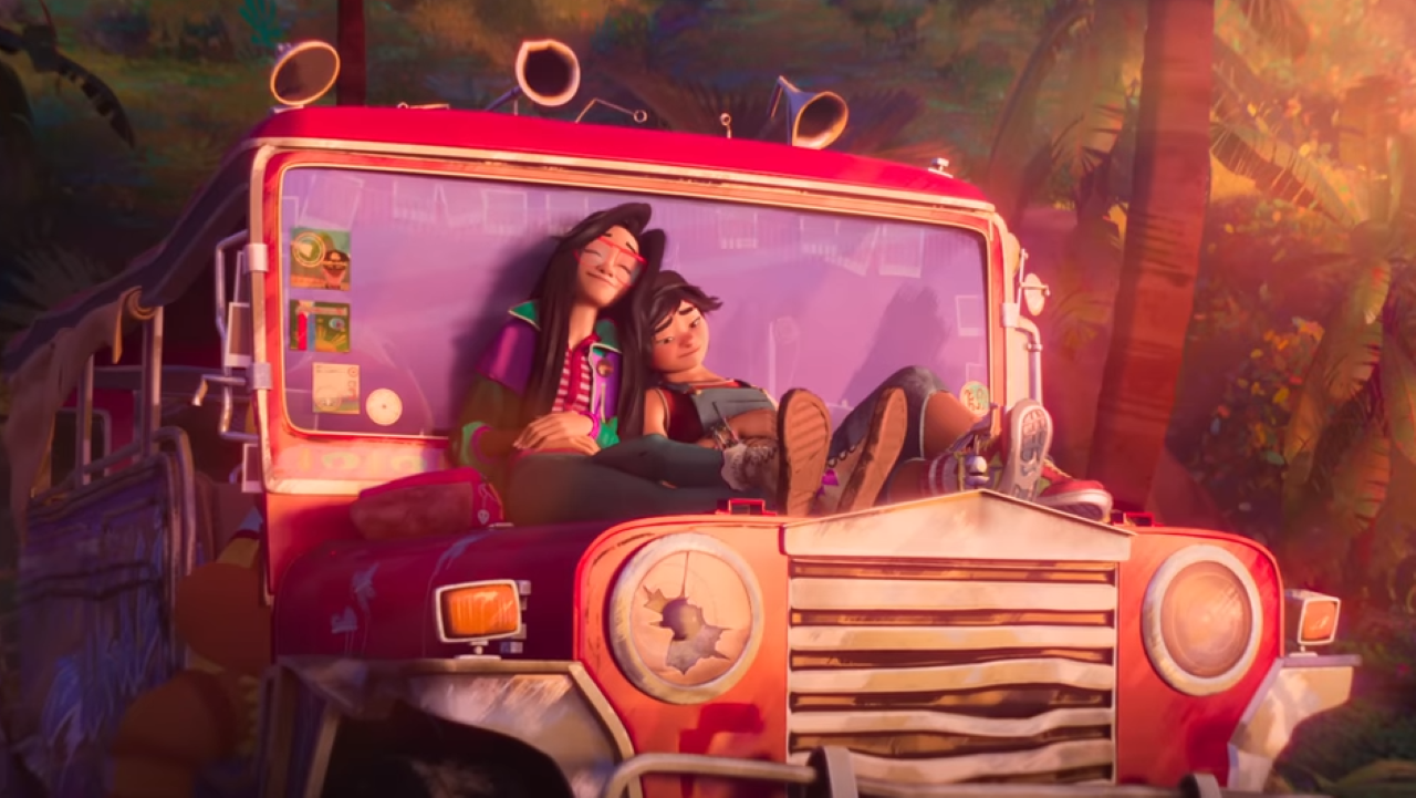 (280) Forgotten Island Official New Trailer 00-00-42 Two animated girls sit on the hood of a jeep at sunset