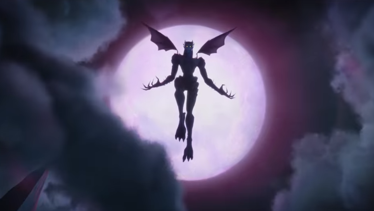 A female, bat-like creature hovers in front of a full moon.