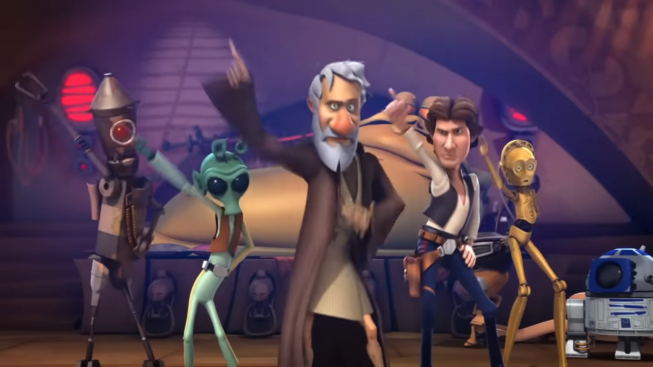 Cartoon Star Wars characters on a stage dancing