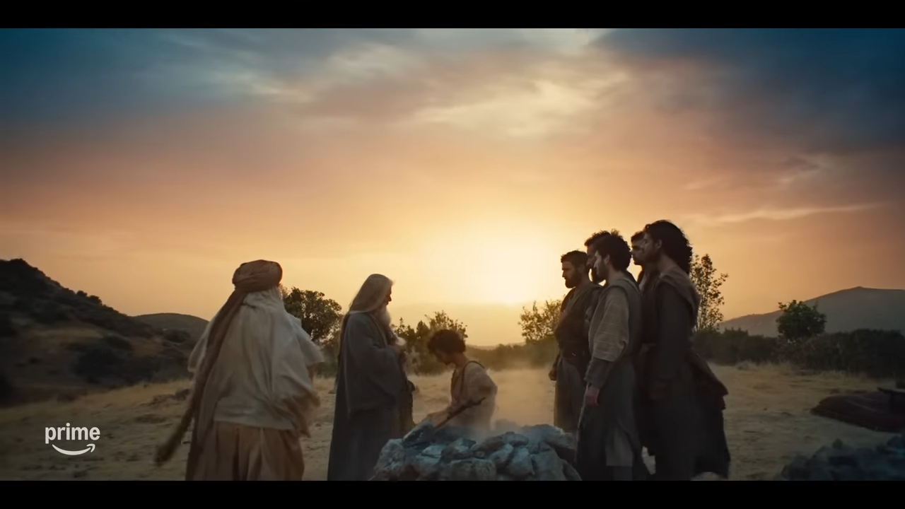 Shepherds in ancient times in front a sunset