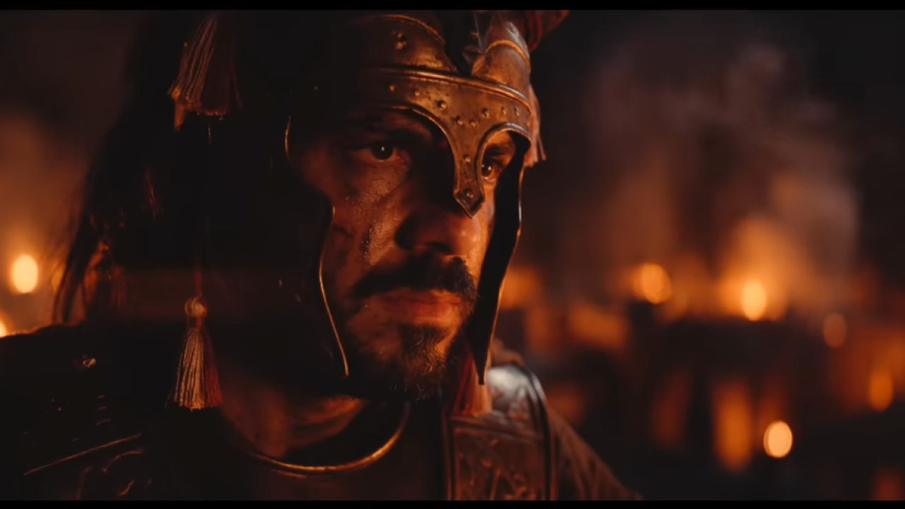 A Greek soldier, somber, firelit