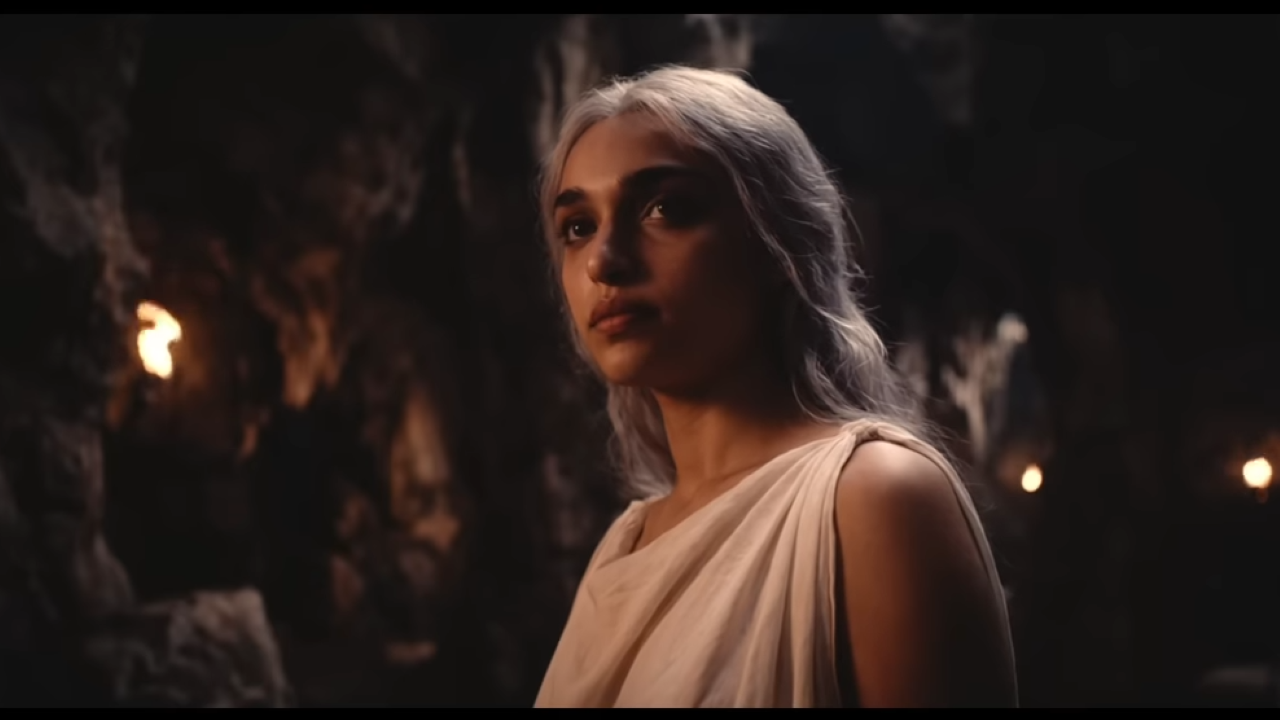 A young Greek woman stands in a cave