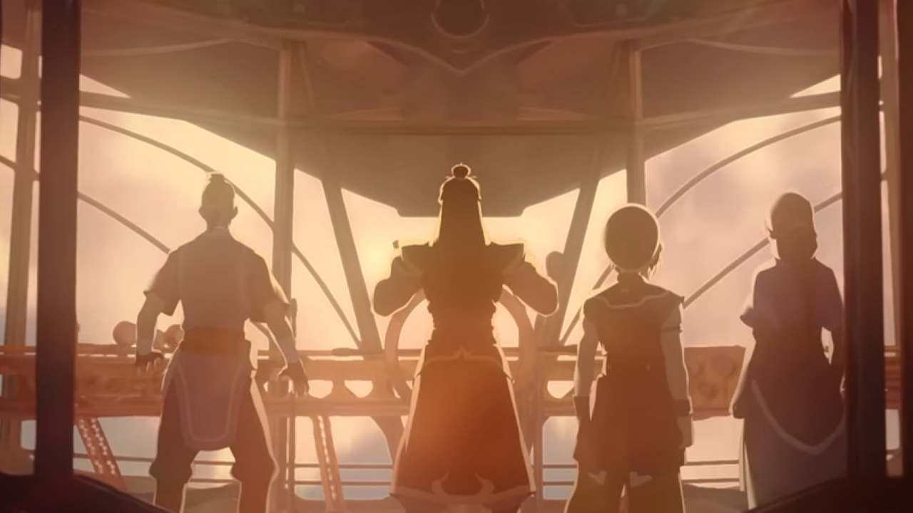 Four cartoon characters backlit against an evening sky