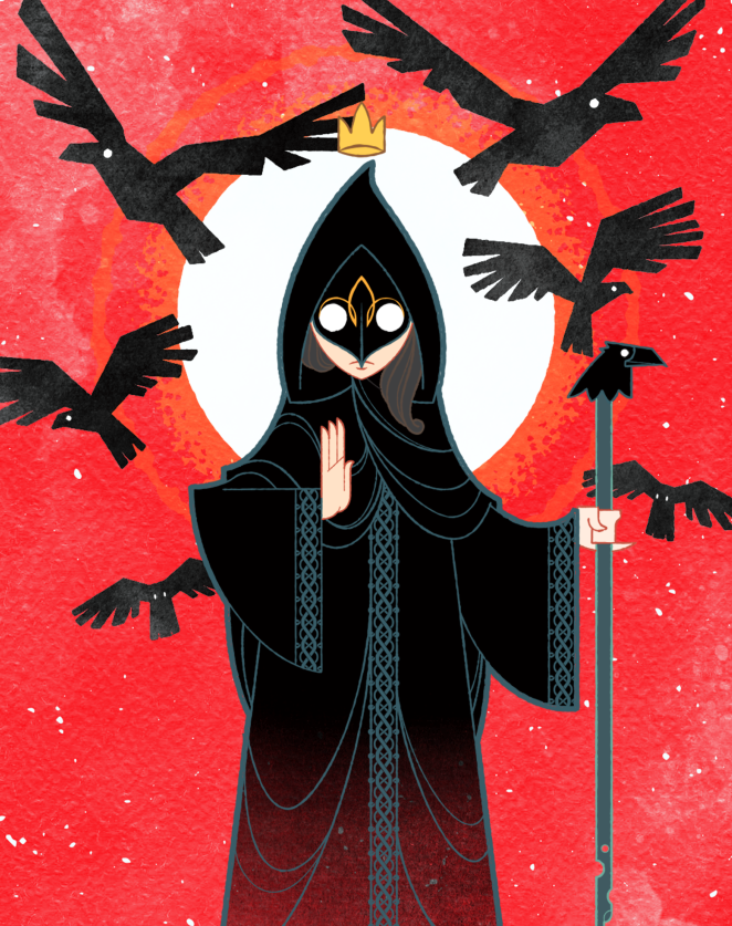 Drawing of masked woman in black robe surrounded by six ravens