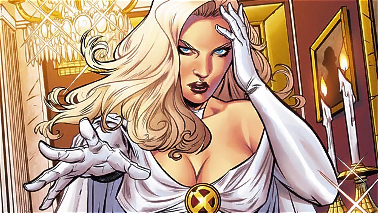 A female comic book villain extends her hand while giving a cold stare