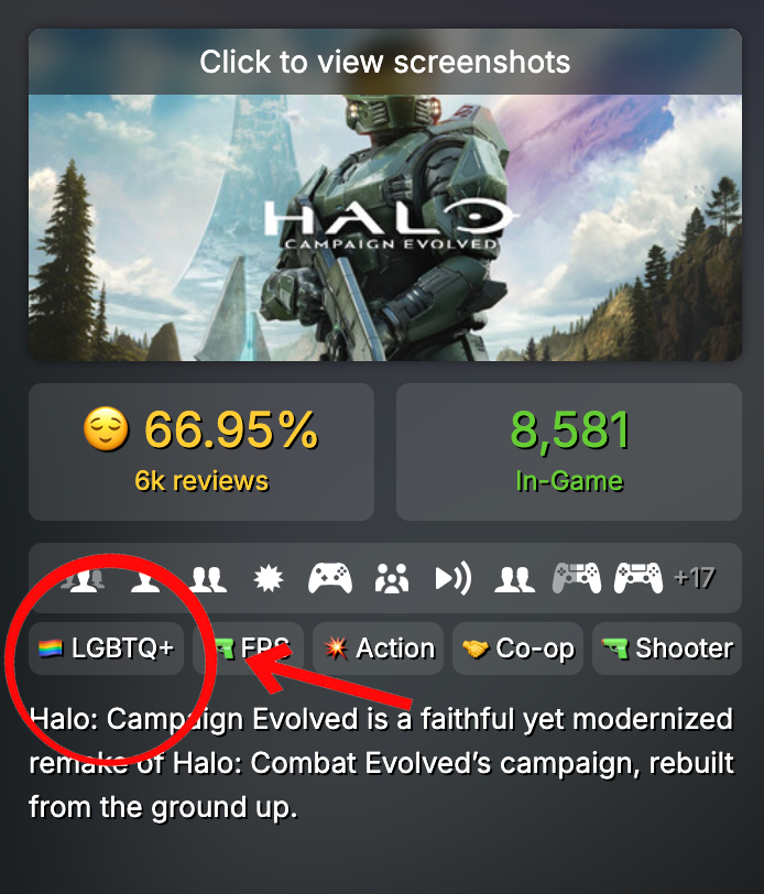 A screenshot from Steam on Mobile that shows an LGBTQ+ tag for Halo: Campaign Evolved
