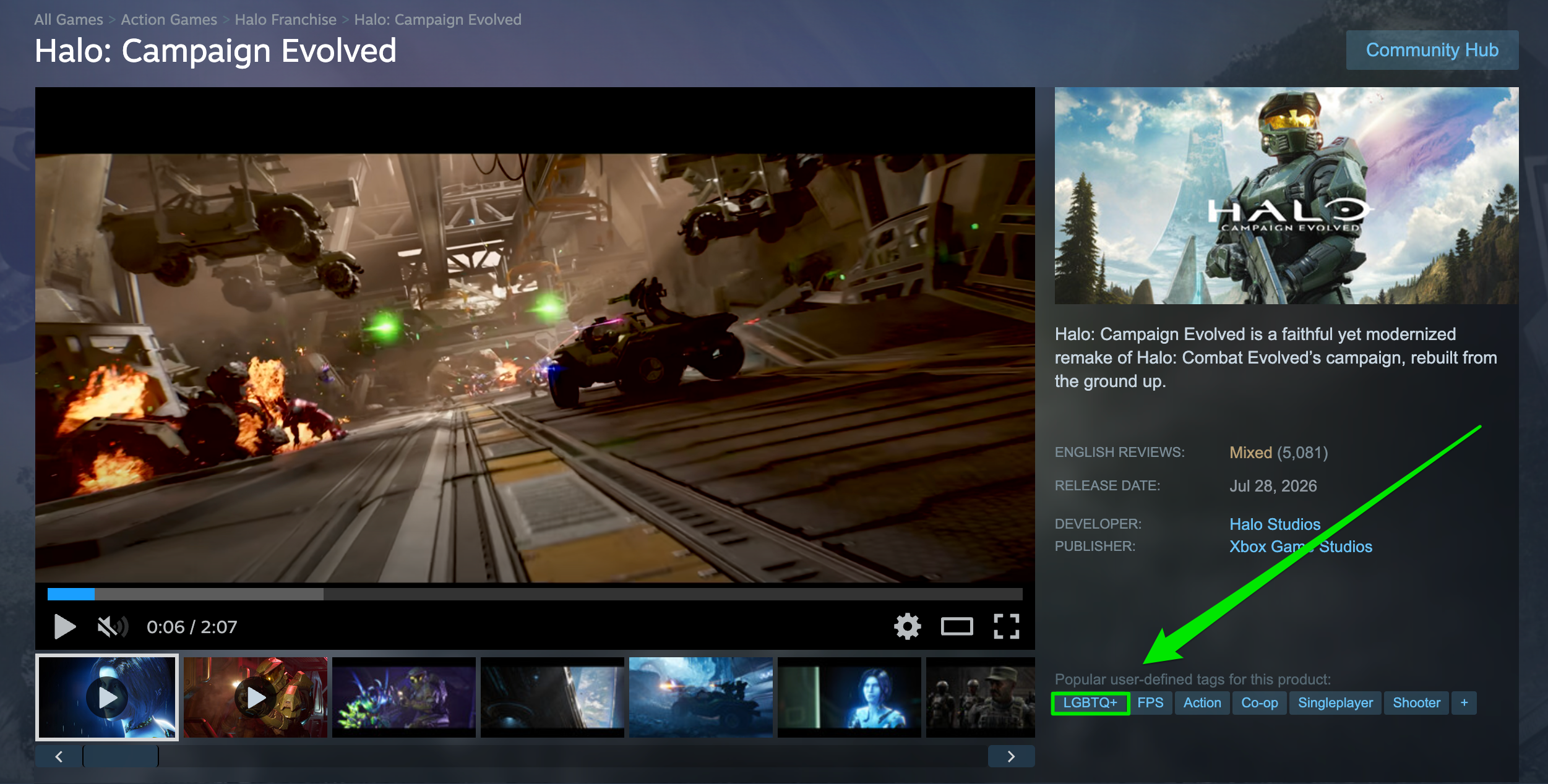 A screenshot from Steam that shows an LGBTQ+ tag for Halo: Campaign Evolved