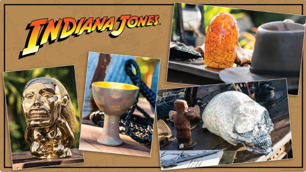 Pictures of various artifact replicas from the Indiana Jones franchise