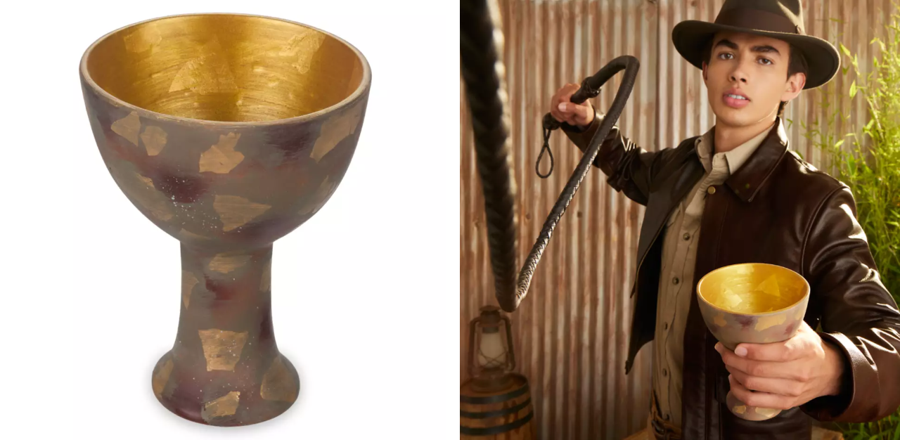Indiana Jones Holy Grail Replica Shot of ceramic replica of the Holy Grail from the Indiana Jones franchise, and another picture of a young man dressed as Indiana Jones holding the chalica and a whip
