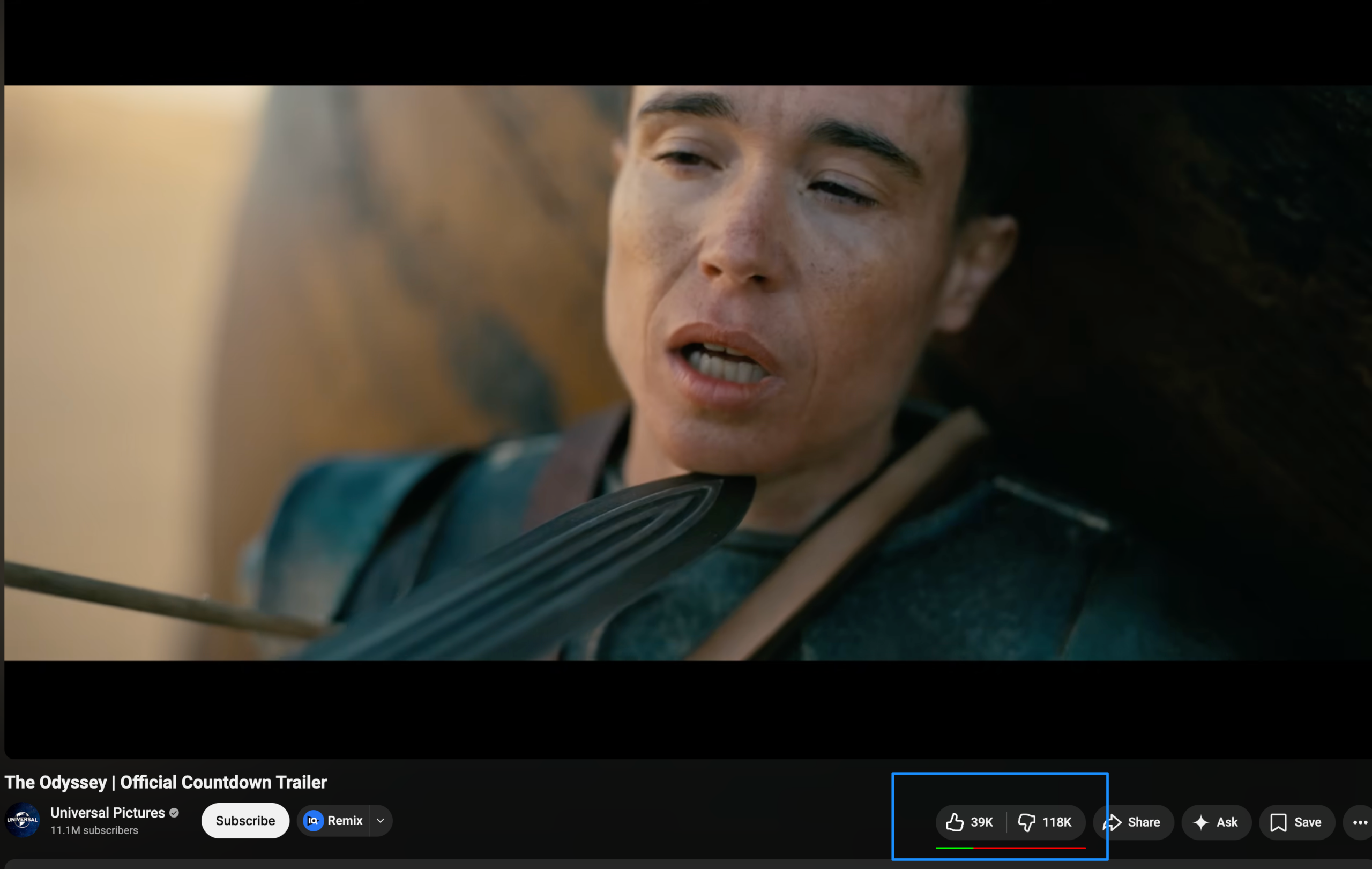 Dislike Ratio for The Odyssey Trailer