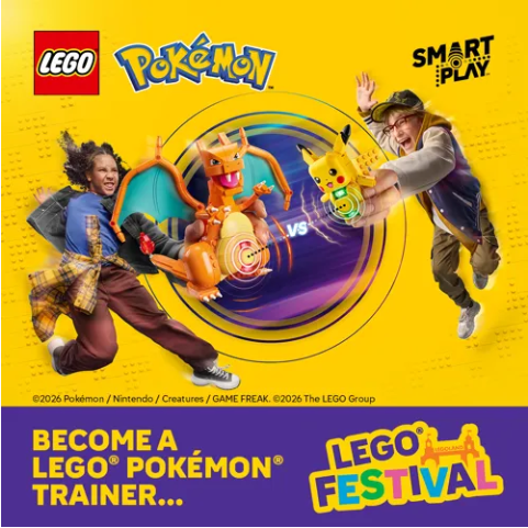 Promotional of two boys battling with their LEGO Pokemon characters