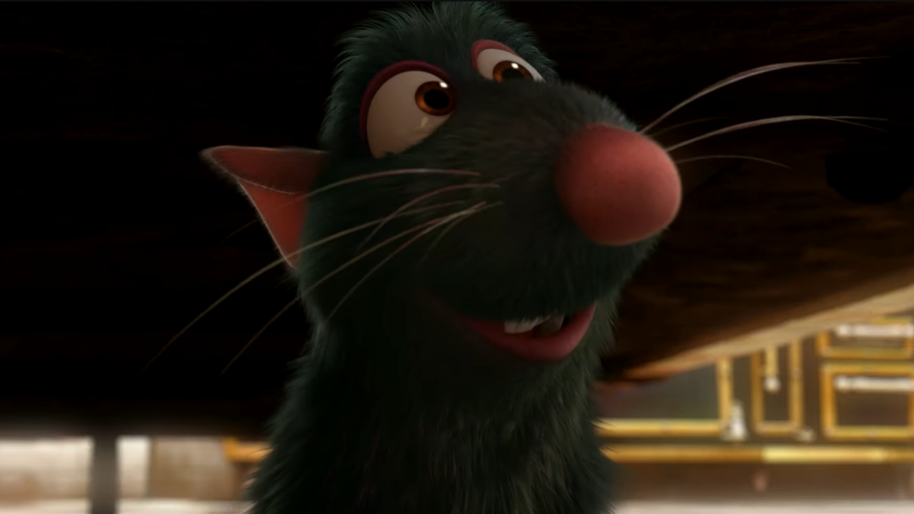 Animated thin, gray rat smiling