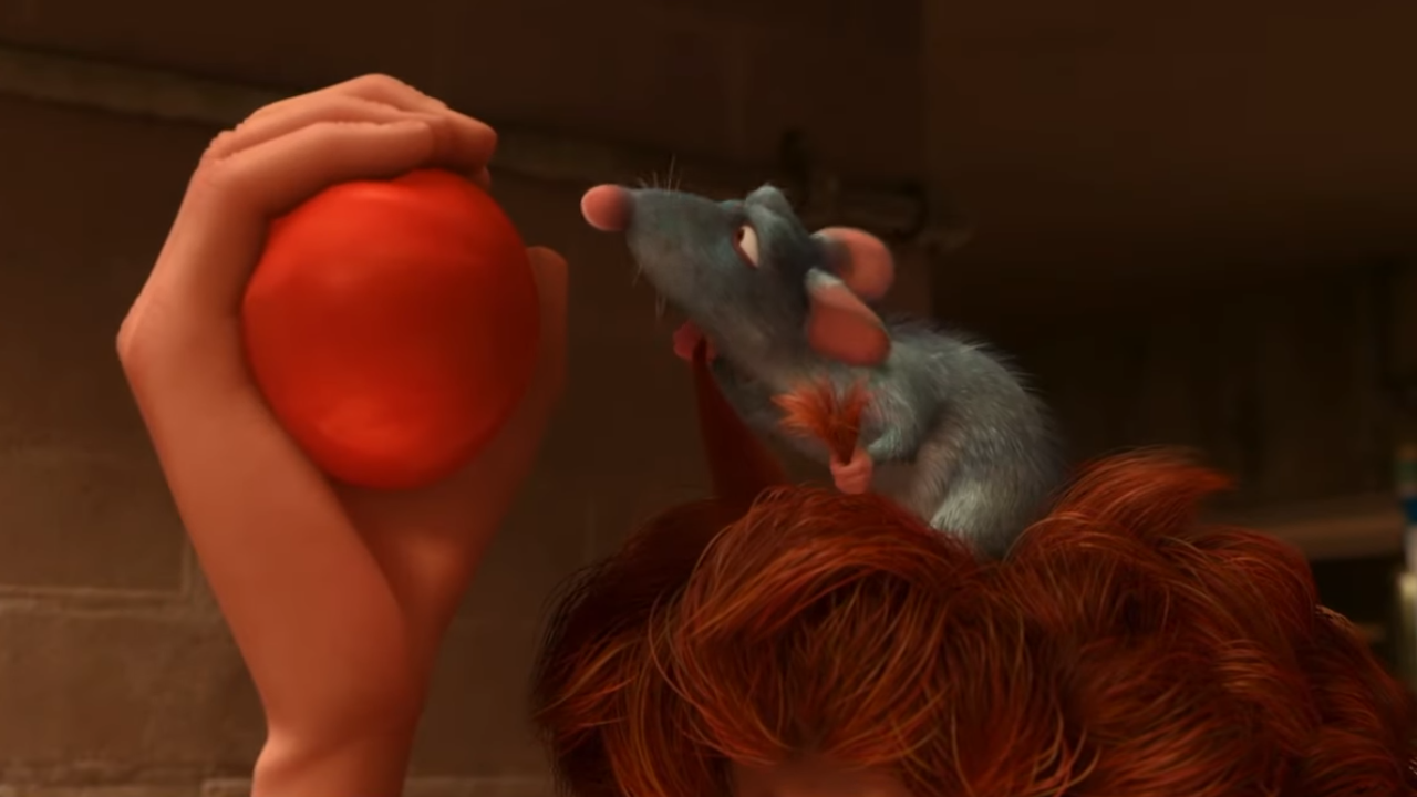Animated rat on man's hair smelling tomato