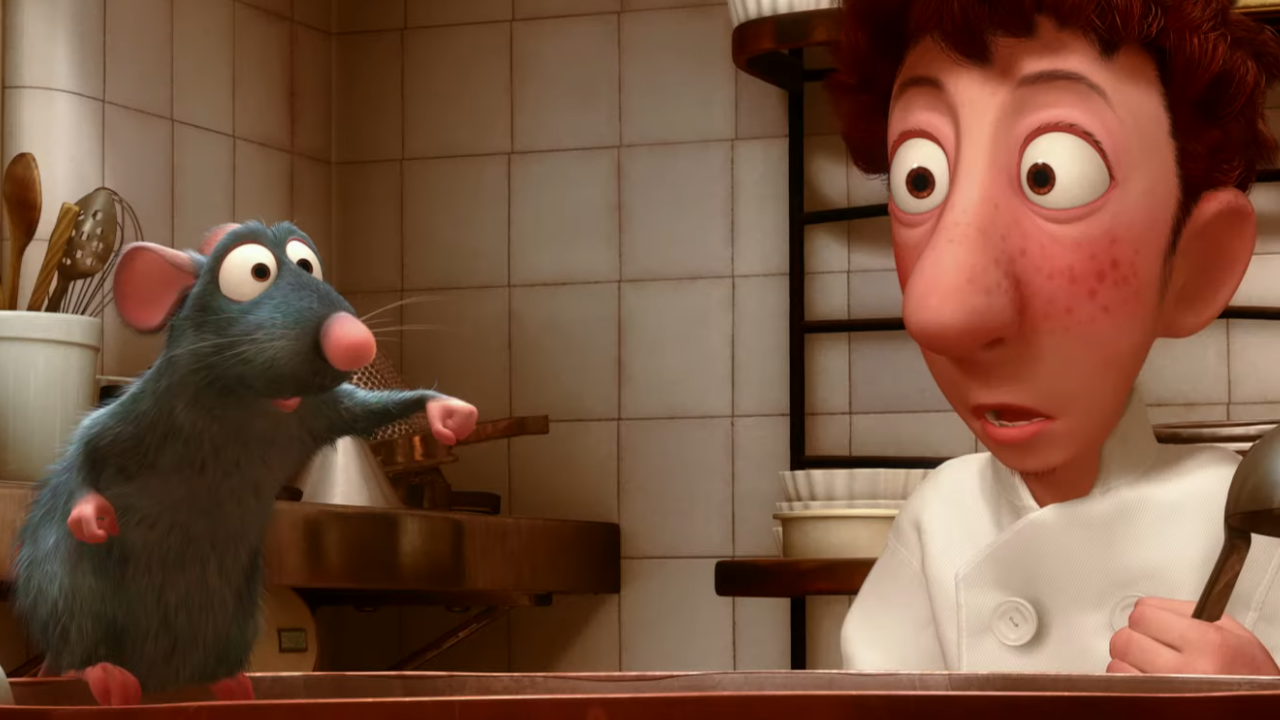 Ratatouille soup surprise Animated rat and human shocked as rat drops ingredients into pot