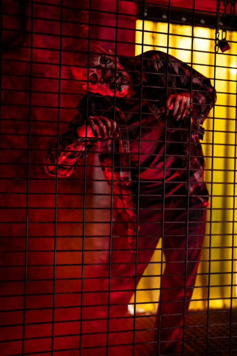 Costumed-man dressed as zombie behind bars in dark room