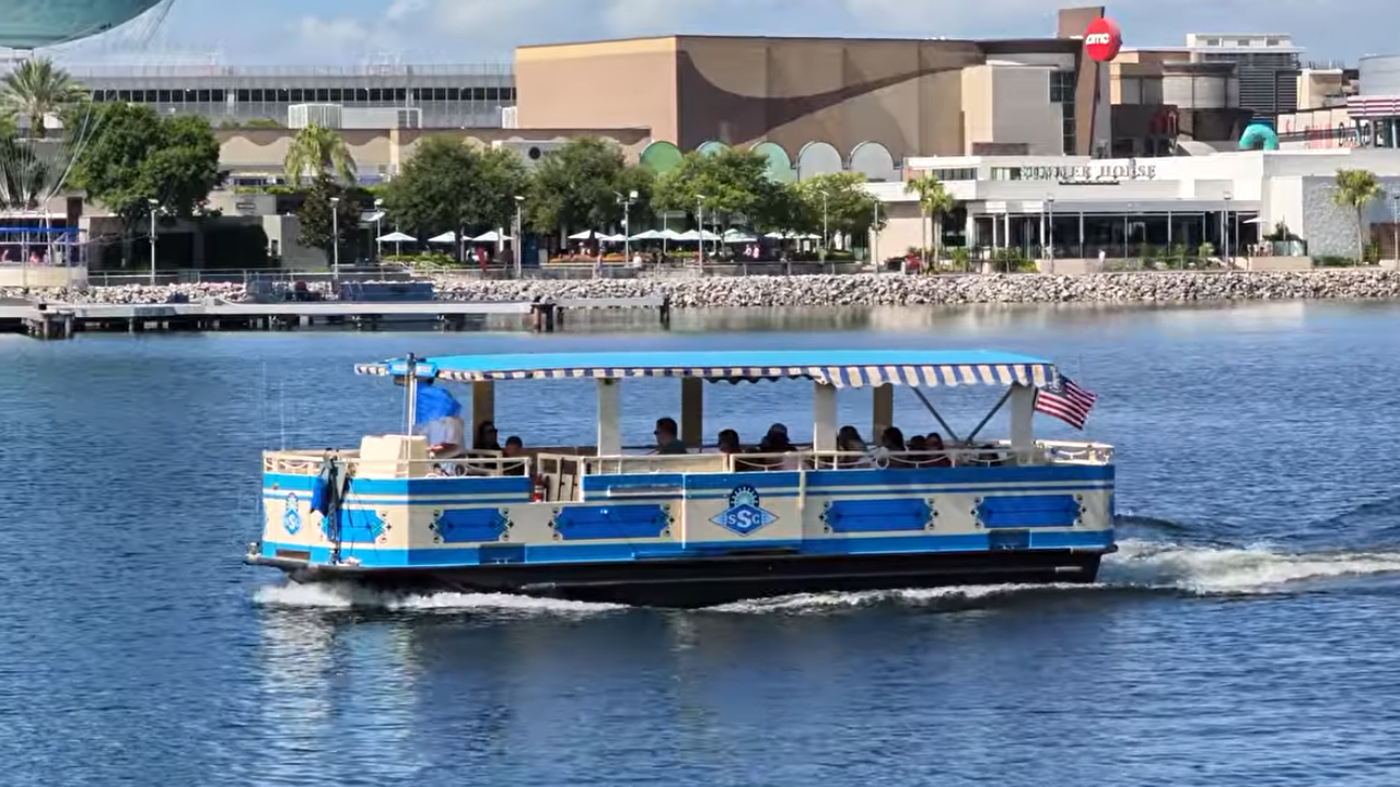 Blue boat on river near Disney Springs