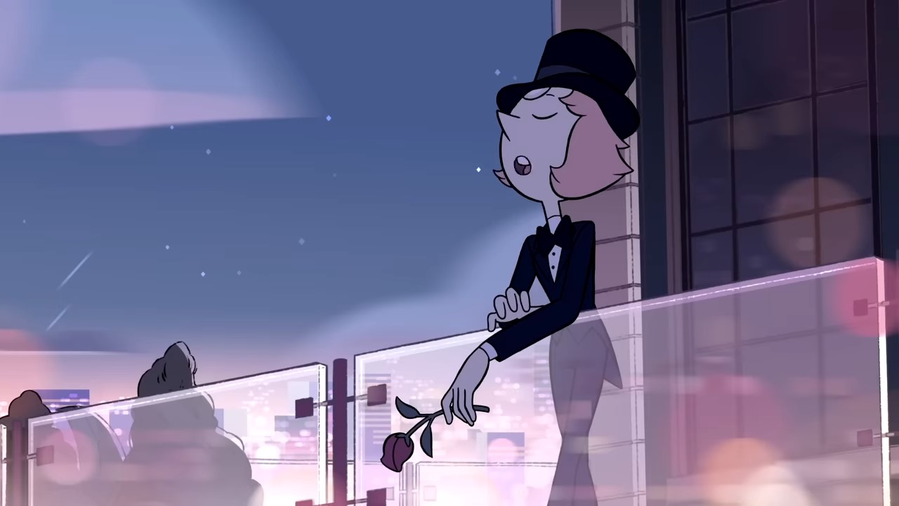 Stephen Universe Pearl Sings A cartoon woman dressed as man stands on a balcony, eyes closed