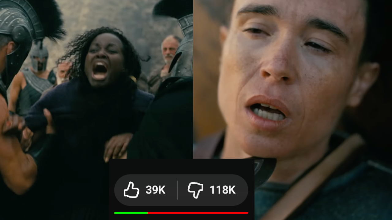 Lupita N'yongo and Elliot Page in the trailer for The Odyssey along with the video's like to dislike ratio