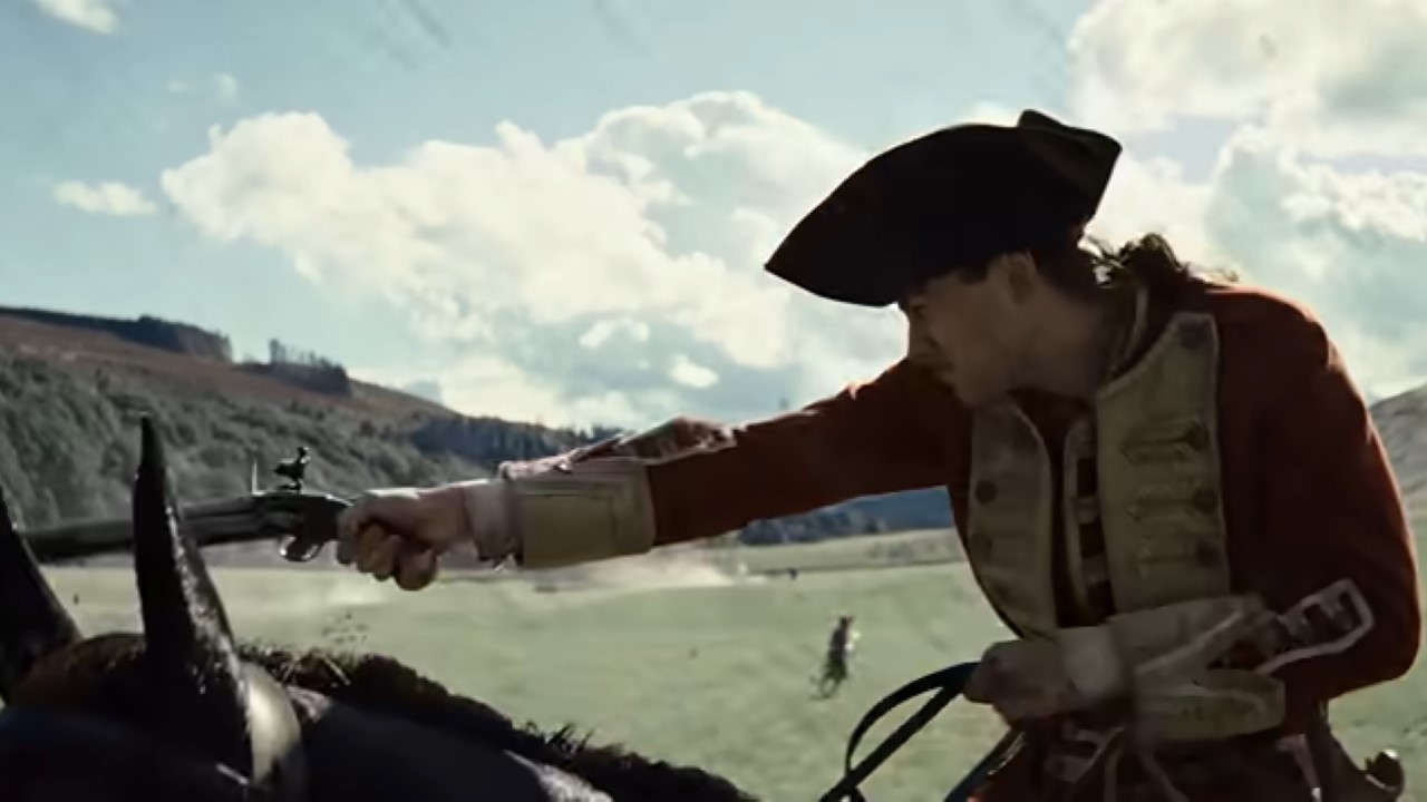 A Revolutionary War soldier on horseback shooting a pistol