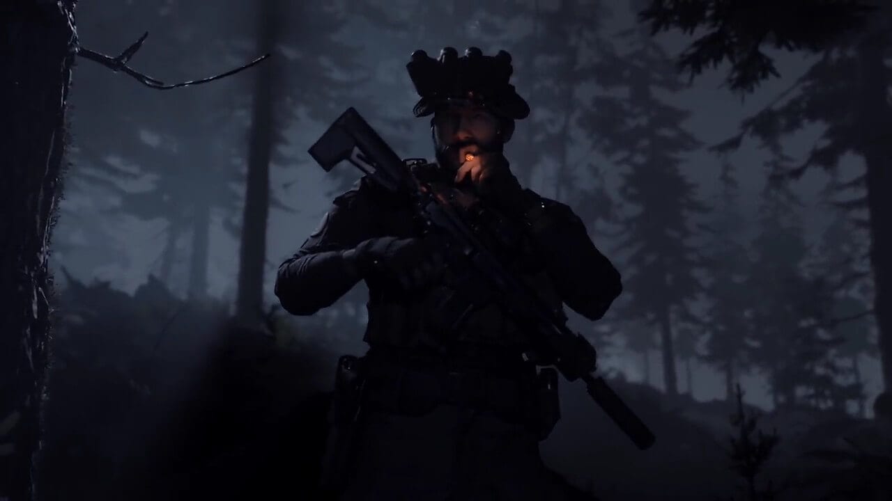 Video game image of a modern solider in a dark forest 