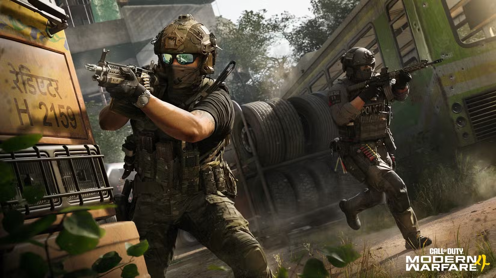 Video game image of soldiers in a junkyard