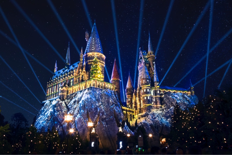Castle at Night Lit up by Christmas Lights