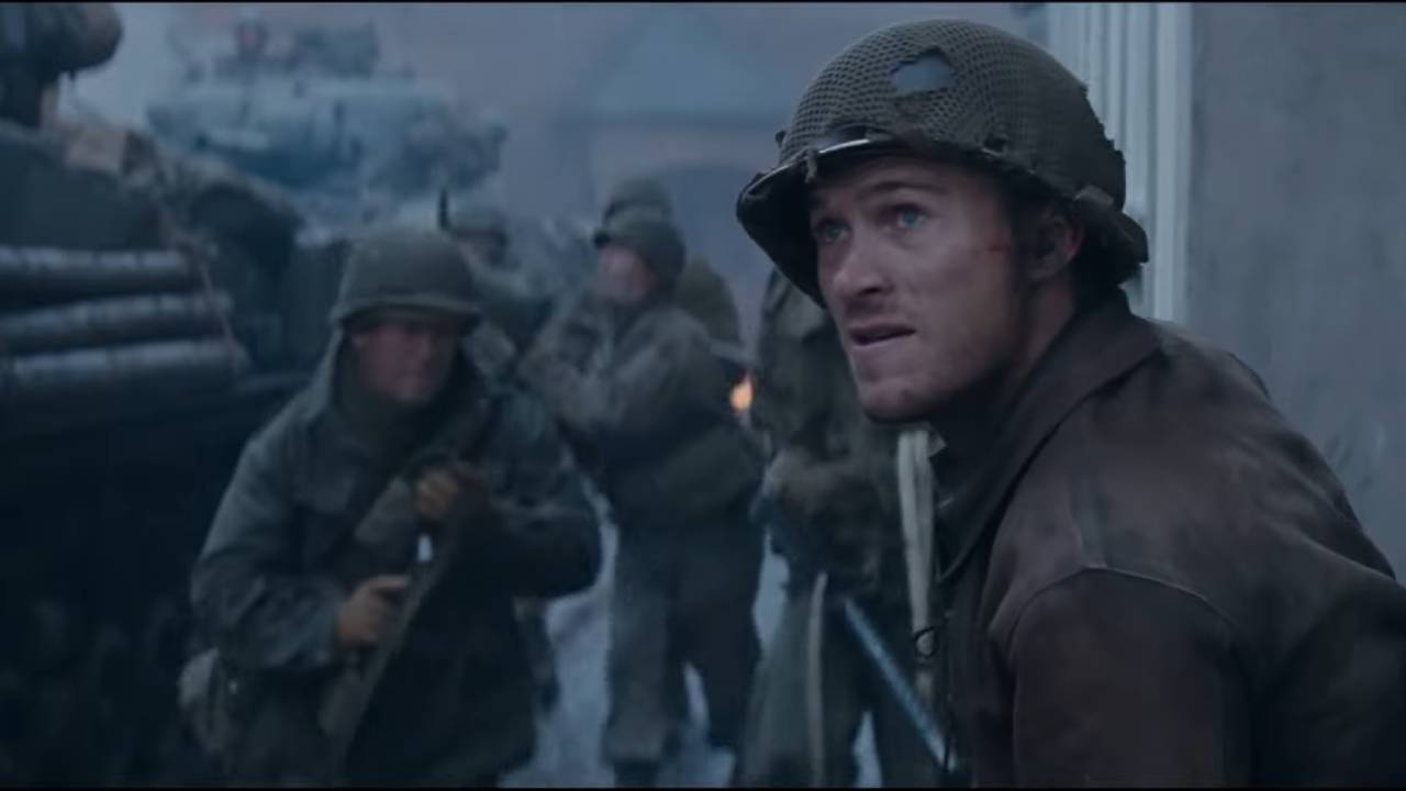 A WWII soldier looks tense