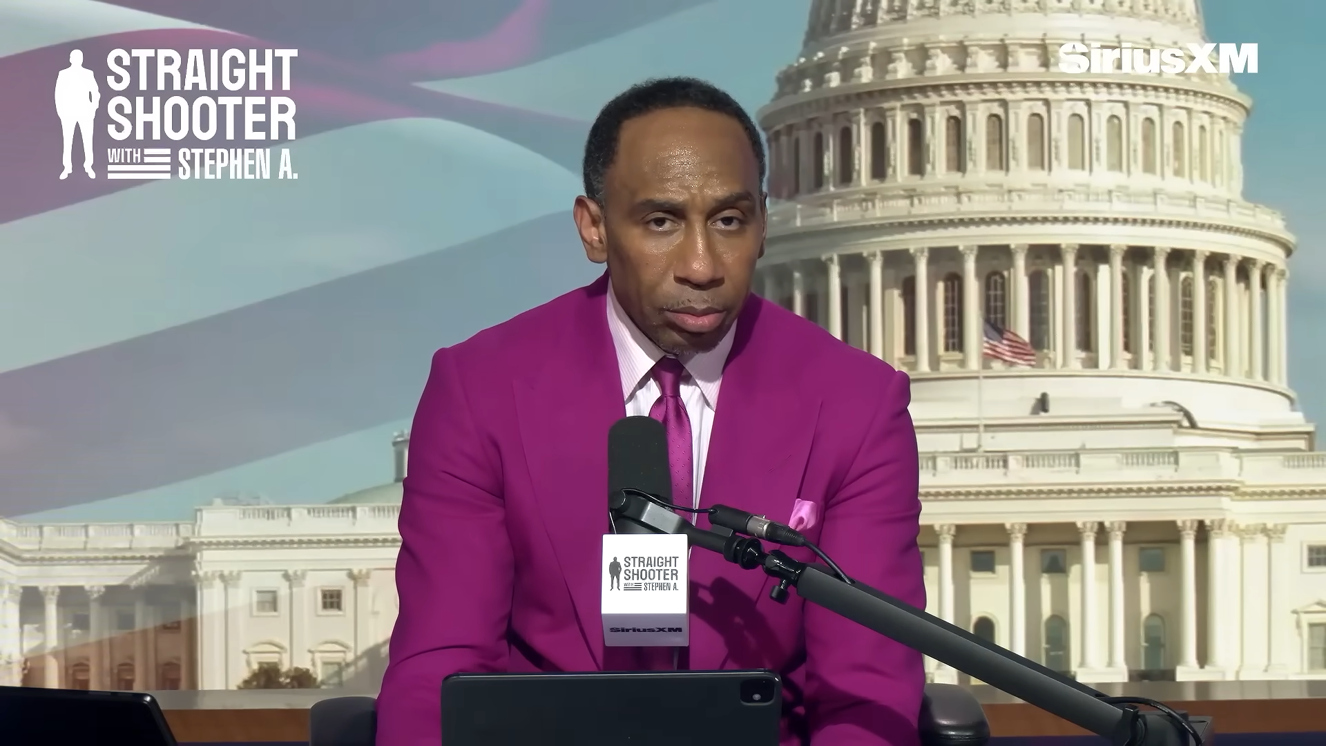 (192) Fauci, the DSA, and How Stephen A. Says They May Help Trump and the GOP 00-08-37 A man sits in front of a backdrop featuring the U.S. Capitol, looking somber