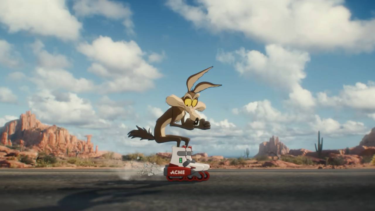 (197) Coyote vs. ACME Official Trailer 00-00-19 Wile E. Coyote looks nervously at his jet powered roller skates