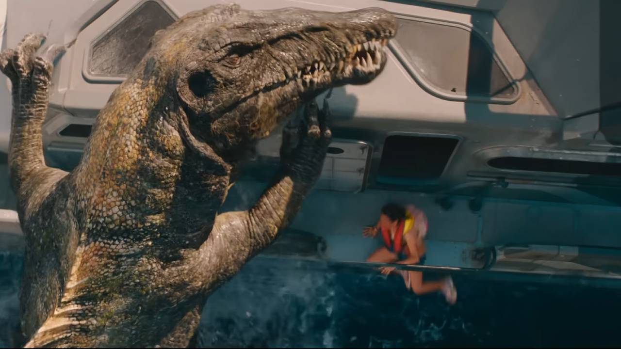 A dinosaur climbing up the side of a boat