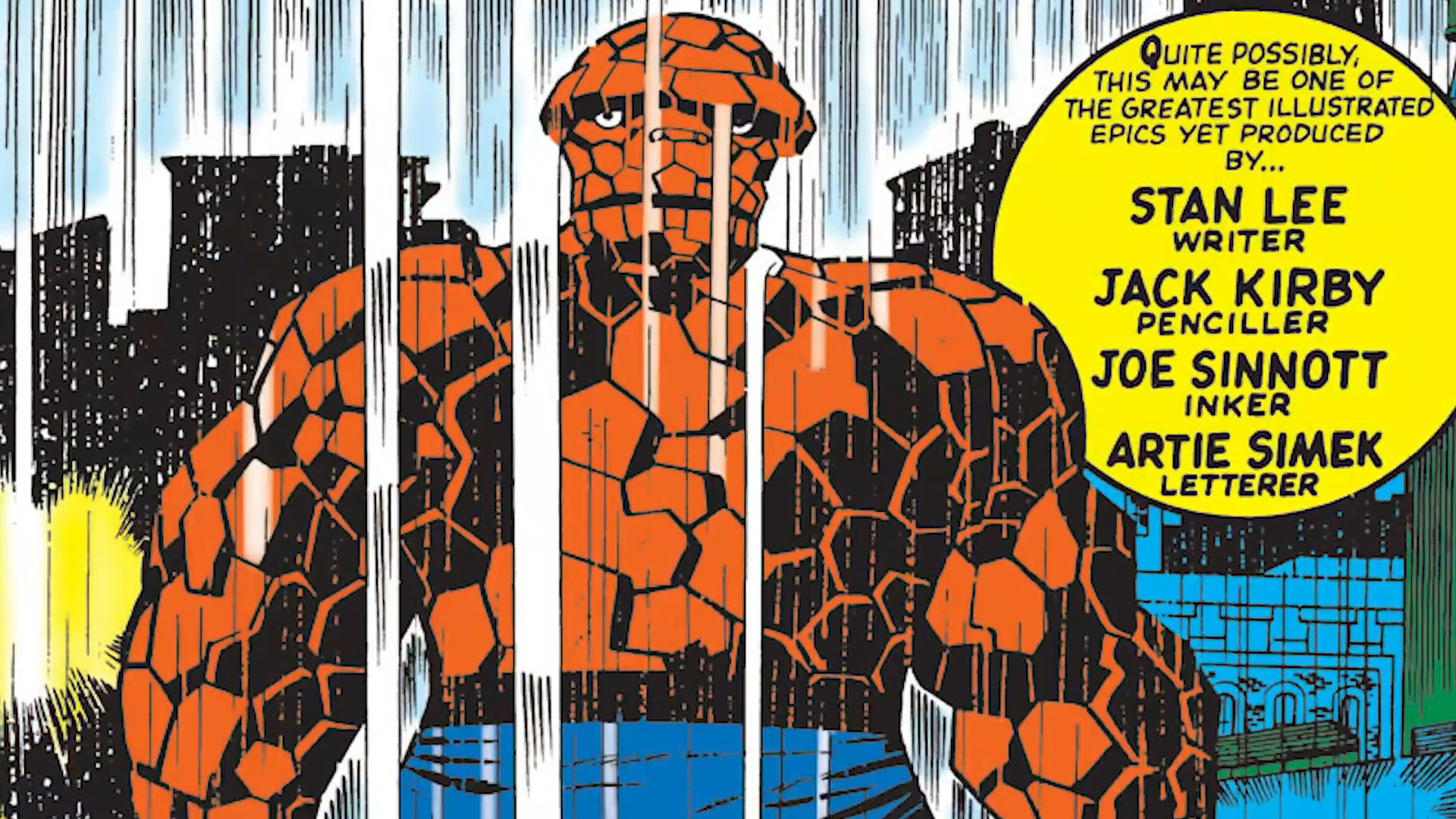 Comic book cover featuring The Thing sadly standing the rain