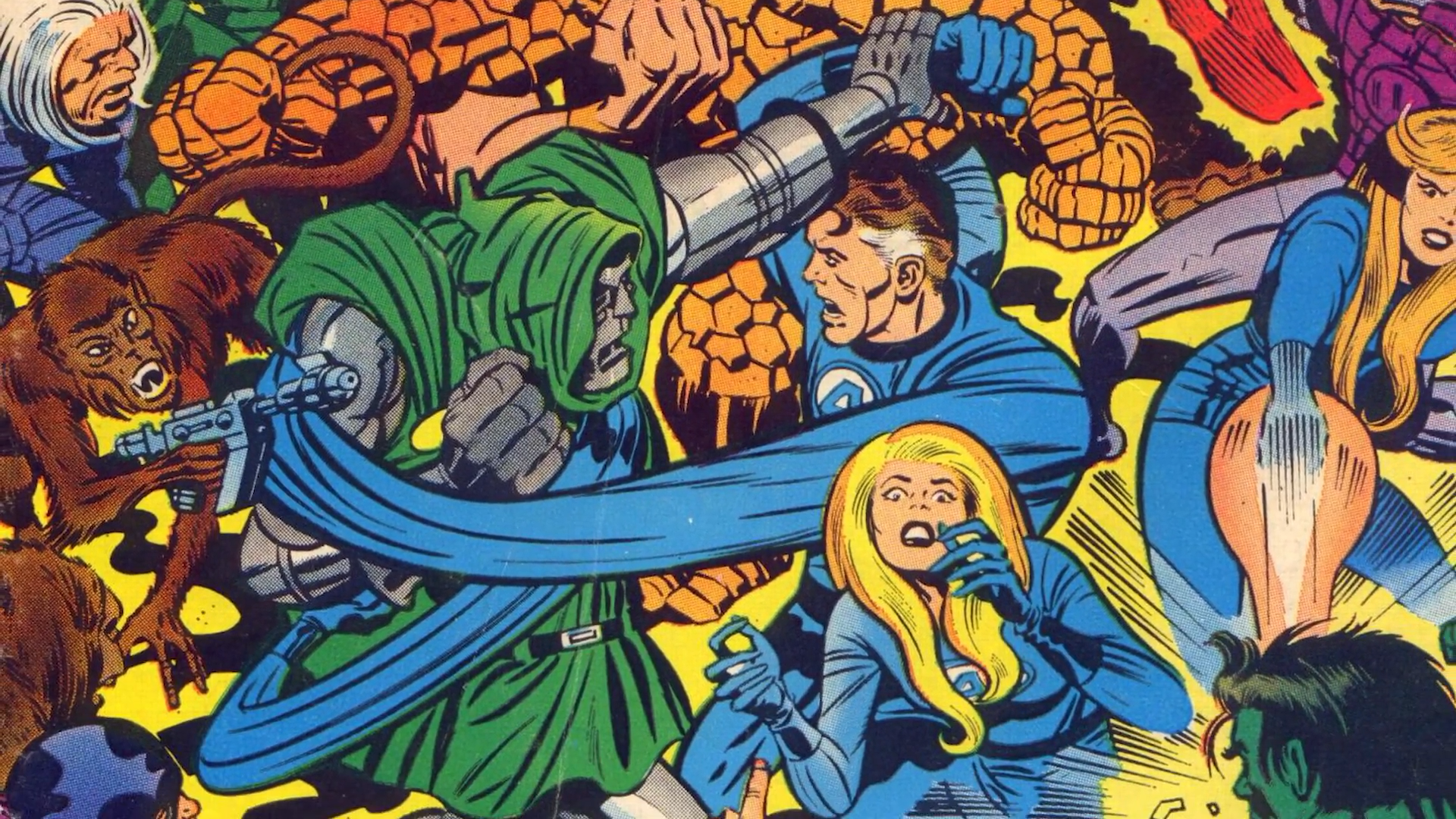 The Fantastic Four fighting in a chaotic comic book panel 