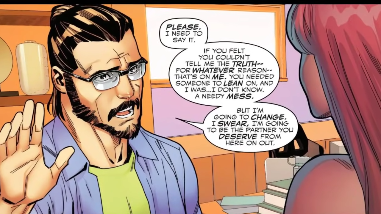 Comic book panel showing a man with his hand raised, palm out, apologizing.