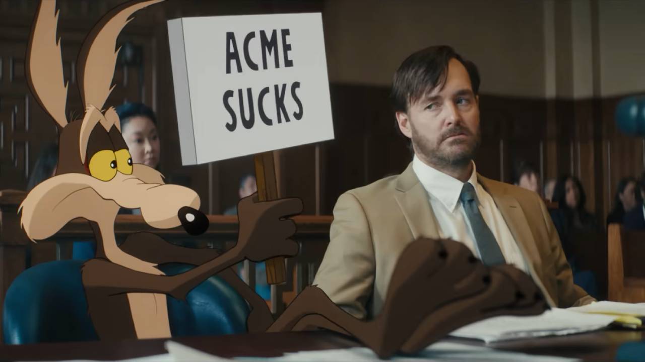 Wile E. Coyote in a courtroom with an Acme Suck sign