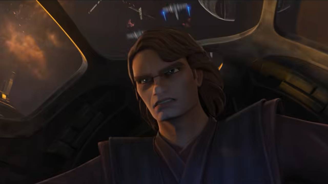 Anakin in the cockpit of his fighter while a battle rages behind him