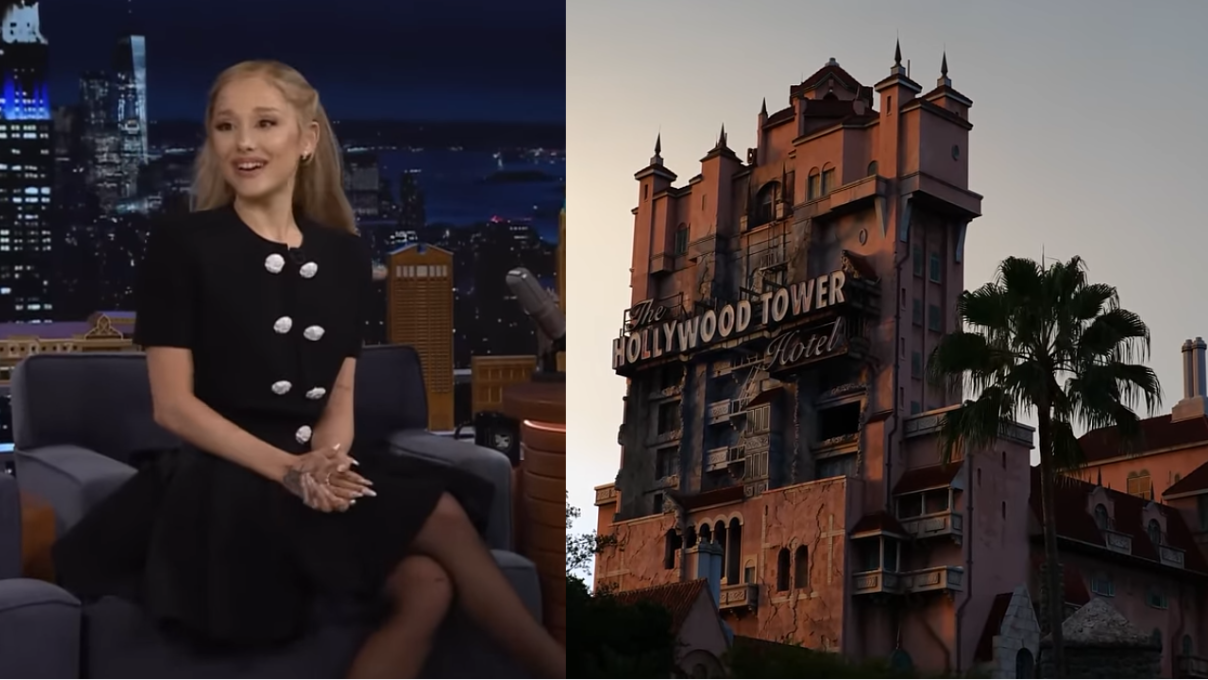 Ariana Grande Tower of Terror Young woman sitting on couch in black dress, and old-style, broken-down hotel with a sign "The Hollywood Tower Hotel"