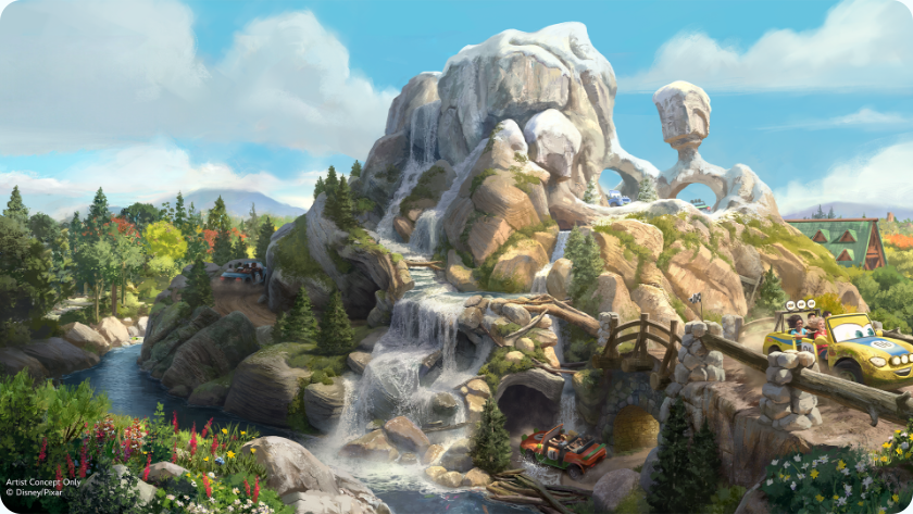 Concept art for guests in Cars-styled vehicles on off-road path around mountain and streams