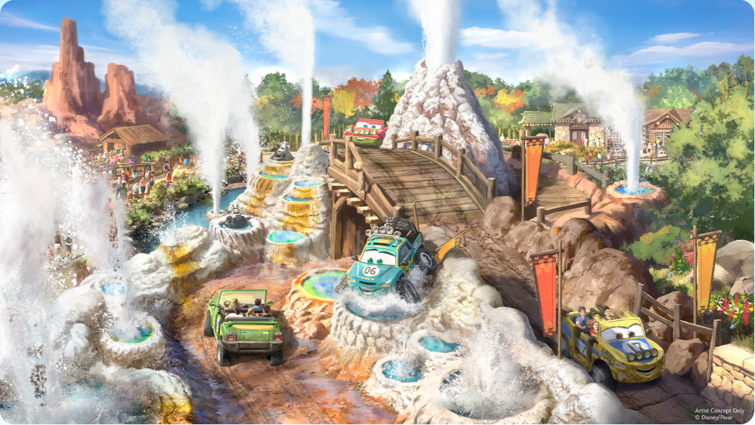Concept art featuring guests in Cars-styled vehicles through off-road terrain around mountains and geysers