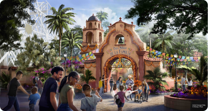 Concept art showing people walking toward the entrance of family home in Coco with Miguel standing near the entrance