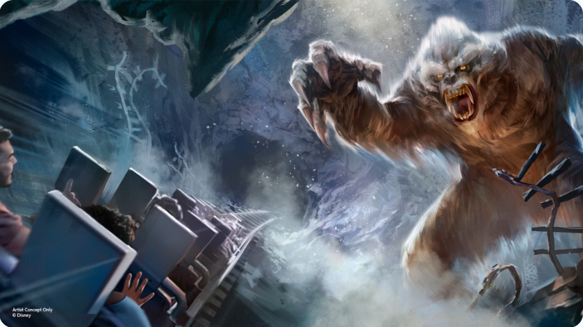 Concept art of mine cart headed toward large yeti in snowy tunnel