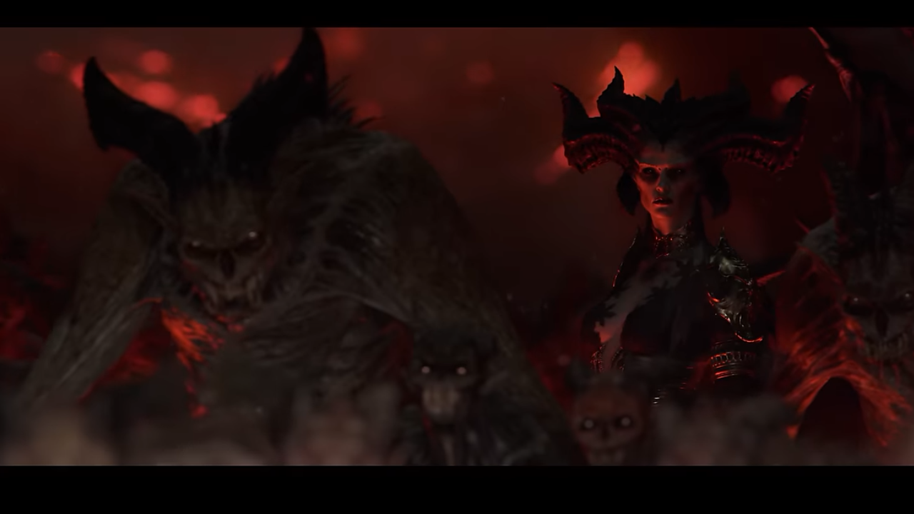 Animated ghoulish demon and female demon with horns in burning landscape