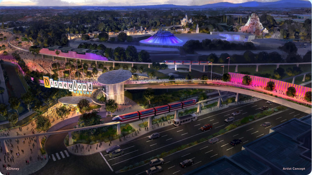 Concept art for long pedestrian bridge going over a major road toward Disneyland's entrance