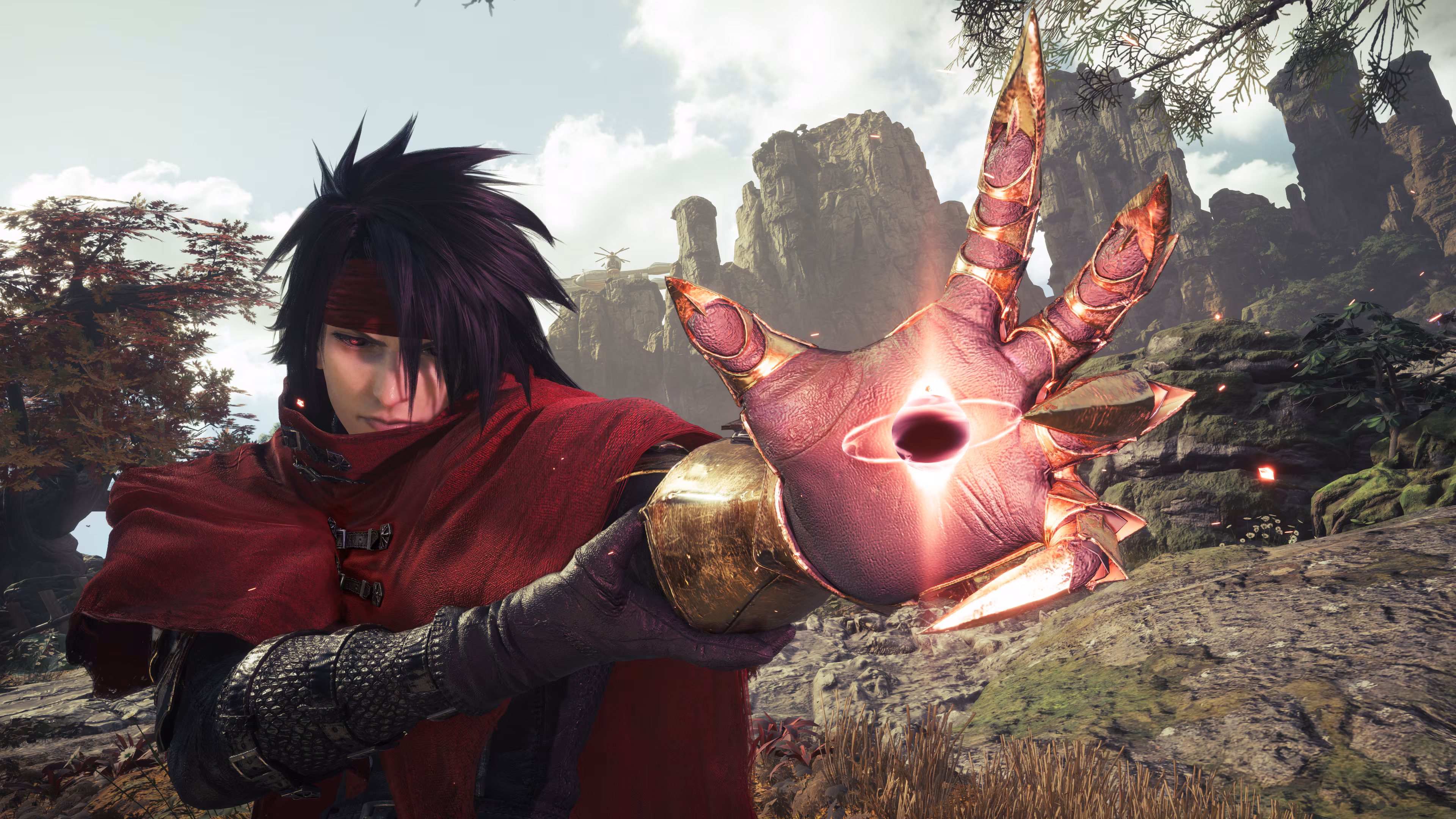 A video game character holding an atom in a gloved hand